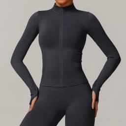 Women's Seamless Long Sleeve Yoga Top Ribbed High Neck Full Zip Slim Fit Sports Jacket Thumb Hole Workout Gym Running Activewear
