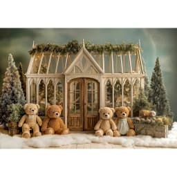 White House With Christmas Tree and Little Bear Photography Backdrop Kids Baby Cake Smash Photocall Studio Backgrounds