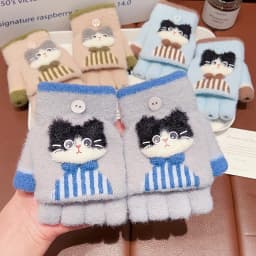 Korean Cute Kids Cartoon Cat Bow Flip Plush Mittens 6-12 Years Old Children Winter Warm Convertible Half Finger Writing Gloves
