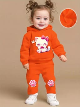 Cute Cartoon Cat Pattern Long Sleeve Fleece Romper + Casual Sports Pants Set for Baby Girls Spring Autumn Gift