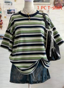 Summer Y2K Striped Print Casual Oversized Round Neck Drop Shoulder Women Short Sleeve T-shirt Street Casual Sports Top