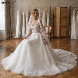 BEPEITHY Customized Square A Line Glitter Wedding Dresses For Women 2026 Summer Lace Bride Ivory Bridal Gown Boho Plus Size
