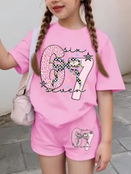 Funny Six Seven Italian Brainrot 67 Leopard Print Kids Short Sleeve Suit Children Clothing T-Shirt+ Shorts 2pc Set Girls Clothes