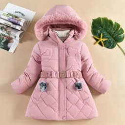 2024 New Winter Keep Warm Girls Jacket Waist Belt Design Detachable Hat Lining Plush Hooded Heavy Coat For Kids