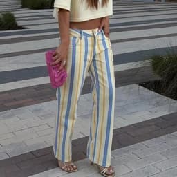 Casual Women's Red Striped Pants Button Zipper Double Pockets Straight Straight Leg Trouser 2026 Spring Summer Fashion Lady Pant