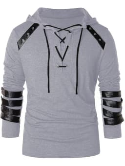 Men's Knight Drawstring Lace Up Pullover Hoodie Steampunk Long Sleeve Hooded Sweatshirt Black, Gothic Victorian Style