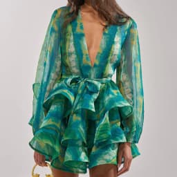 Sexy Deep V Neck Print Chiffon Mini Dress Elegant Long Sleeve Belted Tiered Ruffle Gown Lady Summer Party Beach Holiday Outfit