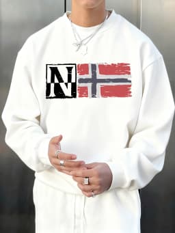 N Artistic Characters And Flag Print Pullover Men Autumn Loose Hoody Casual Fleece Soft Sweatshirt All-Match O-Neck Long Sleeve