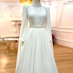 Customized Muslim High Collar Ivory A-line Wedding Dresses Paillette Fold Draped Pleat Belt Brideing Gown robe de mariée 2025