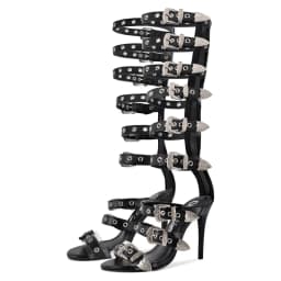 Onlymaker Women Round Toe Hollow Buckle Starp Thigh Stiletto Sandals Ankle Strap Zipper Gladiator Buckle Sandals