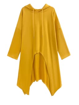EAM Yellow Irregular Midi Sweatshirt New Hooded Drawstring Long Sleeve Women Big Size Fashion Tide Spring Autumn 2026 1DH3876