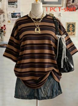 Summer Y2K Striped Print Casual Oversized Round Neck Drop Shoulder Women Short Sleeve T-shirt Street Casual Sports Top