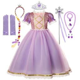 Muababy Rapunzel Tangled Princess Evening Gown Set for Girls Halloween Birthday Christmas Party Cosplay Costume Kids 2-10Y