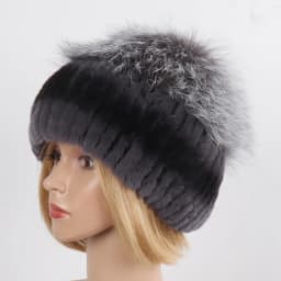 Women's Winter Warm Genuine Fur Hat Scarf Set Real Rex Rabbit Fur Cap with Silver Fox Scarves 2-Piece Natural Fashion Accessory