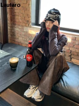 Lautaro Spring Long Loose Casual Soft Distressed Brown Pu Leather Wide Leg Pants for Women High Waist Korean Style Fashion 2024