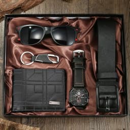 2026 New 5pcs Watch Set for Men in Gift Box Belt Wallet Hair Trimmer Keychain Sunglasses Men’s Watch Gift Box Set Gifts for Him