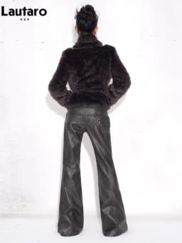 Lautaro Spring Autumn Distressed Pu Leather Flare Pants Women High Waist Grunge Punk Style Luxury Emo Clothes Streetwear 2026