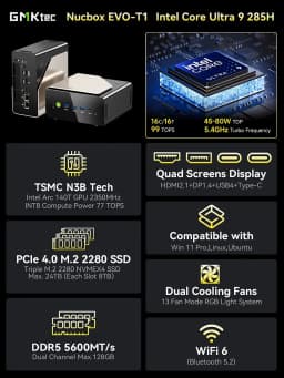 GMKtec AI Mini PC EVO-T1 Intel Core Ultra 9 285H OCulink MINI PC 2*DDR5 3*PCIe4.0 Desktop Supercomputing Center Built-in 32b LLM