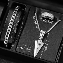 4PCS Silver Men's Fashion Casual Mixed Scale Dial Quartz Watch Bracelet Necklace Ring Set Suitable for Daily Wear Decoration