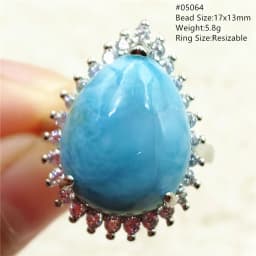 Natural Blue Larimar Adjustable Ring 925 Sterling Silver Larimar Gemstone Women Men Water Pattern AAAAA