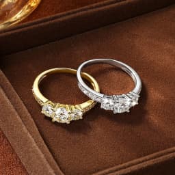 Celestinova Round Moissanite Three Stone Ring GRA Certified 14K Gold Plated Engagement Wedding Bridal Jewelry For Women