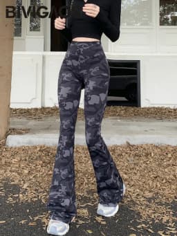BIVIGAOS 2026 Spring New Camouflage Micro Flared Leggings Women High Waist Slim Fit Fashion Camo Sport Yoga Elastic Flared Pants