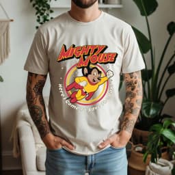 2026 Summer Mens Mighty Mouse Graphic Oversize Tee 100% Cotton Classic Cartoon Short Sleeve