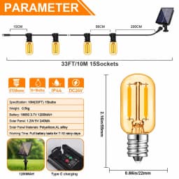 Outdoor Solar String Light Waterproof E12 Glass T22 Amber Bulbs 1W LED Retro Patio Lights for Outside Backyard Bistro Garden