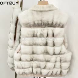 OFTBUY Knit Collar Zip Up Two Sides Wear Fur Waist Coat Women Reversible Real Rabbit Fur Vest New Winter Fur Clothing Female
