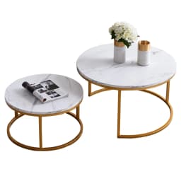Rosahqnda Marble Look Coffee Table,Round Gold/Black Frame,Set of 2,Modern Living Room Stackable Table,Side Table for Living Room