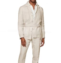 New 2 Pieces Linen Men's Suits With Belt Tuxedo Summer Casual Style Groomsmen For Wedding(Blazer+Pants)