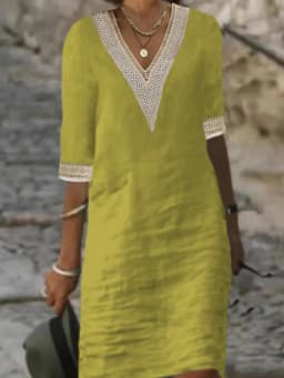 Retro Solid Color Hollow Out V-neck Half Sleeve Women Dress Vintage Streetear Clothing Cotton Linen Loose Dress Spring Summer