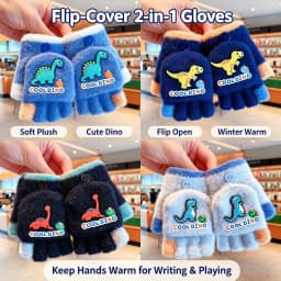 2-in-1 Flip Convertible Mittens Thick Fleece Lined Soft Fuzzy Plush Cute Snap Flip-Top Color Block Windproof Warm Gloves Boys