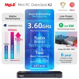 MeLE Overclock X2 Mini PC,N150 16GB 512GB Micro Desktop Computer, 4K Triple Display, All-in-one USB-C, USB3.2/WiFi/BT/Ethernet
