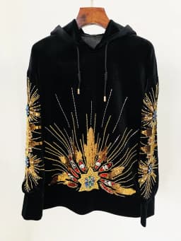 HIGH STREET Newest 2026 Designer Tops Women's Sequined Rhinestone Diamonds Beaded Velvet Loose Hooded Hoodie Sweatshirt