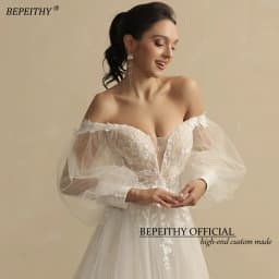 BEPEITHY Customized Boho Wedding Dresses For Women 2023 Bride Deep Neck Full Sleeves A Line Glitter Bridal Gowns Sweep Train New