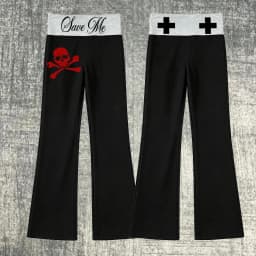 Y2K Women Low Rise Flare Pants Red Fold Waist Gothic Bell Bottom Sweatpants Emo Alt Dark Casual Streetwear Long Trousers