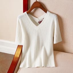 new summer v-neck ice silk short sleeve women's round neck knitting thin hollow out T-shirt bottom half sleeve top