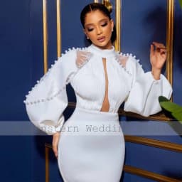 Customized Saudi Arabia Midi Wedding Dresses Jersey Sheath Wedding Party Dress White High Collar Pearls Lace Hall Wedding Dress