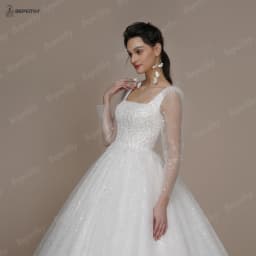 BEPEITHY Customized Shinny Square Bride Wedding Dresses For Women Long Sleeves Glitter Open Back Bridal Modern Ball Gown 2023