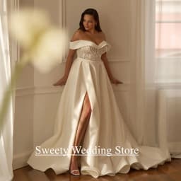 Plus Size Wedding Dress Vestido De Noiva Customized Off The Shoulder Sweetheart Beading Pearls A Line Satin Bridal Gown