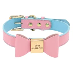 Personalized Dog Collar Cute Bowknot Engraved Dog Collars PU Leather Puppy Cat Necklace Adjustable for Small Medium Large Dogs