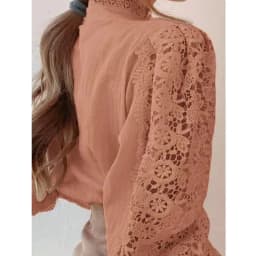 New Women's Long Sleeve High Neck Chic Blouse, Lace Paneled Hollow Sleeve Elegant Top, Vintage Fashion Office Lady Outfits