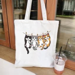 Cartoon Cat Printed Women's Canvas Single Shoulder Handbag Cartoon Animal Commuter Shopping Bag Reusable Handbag