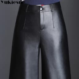 Pu wide leg pants capri women 2022 winter autumn high waist straight leather pants female trousers clothe pantalon femme