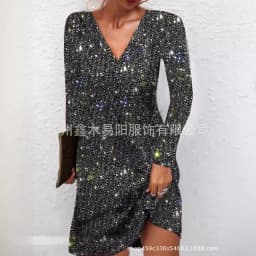 2025 Women's Luxury Silver Sequins Evening Dress Long Sleeve Solid V Neck Sparkly Party Mini Dress Elegant Autumn Prom Dresses