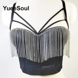 Black Y2K Tops White Rhinestone Sequins Tassel Slim Crop Top New Gothic Party Club Wedding High Street Sexy Corset Top Camis