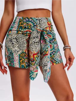 2026 Summer New Boho Paisley Print Wrap Skort High Waist Tie Front Scarf Hem Casual Beach Shorts for Woman Clothes