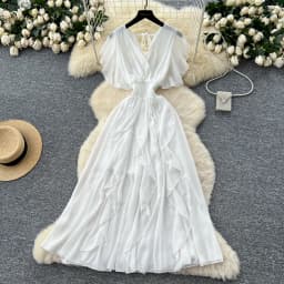 Elegant Criss-Cross chiffon short sleeve Vintage Chic Slim Ball Gown Dresses French Evening High Street Clothing