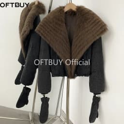 OFTBUY Duck Down Coat with Matching Gloves New Winter Warm Outerwear with Real Fox Fur Women Luxury Wool Blend Puffer Jacket